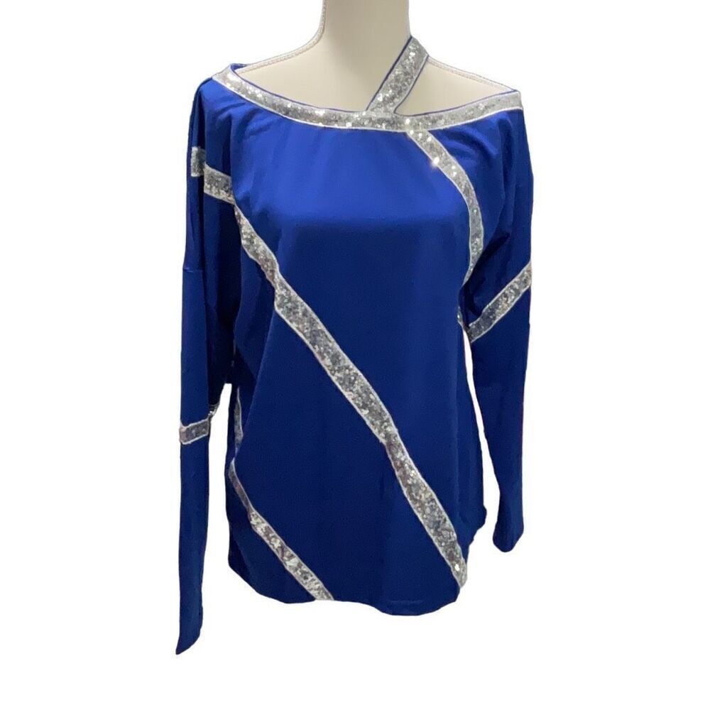 Sheilay NWT Blue Silver Sequin Top Boat Neck Off the Shoulder Long Sleeve Medium
